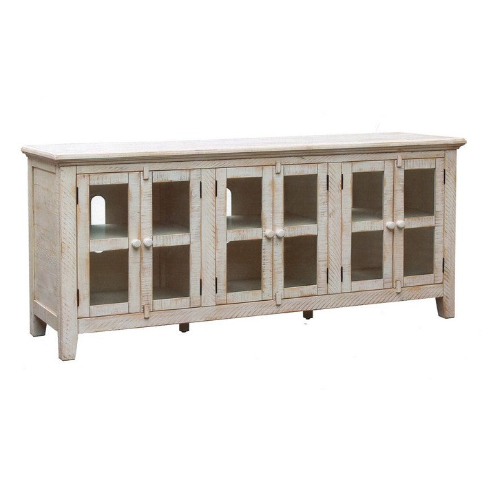 Wooden TV Stand with 3 Door Cabinets with Barn Latch, Antique White