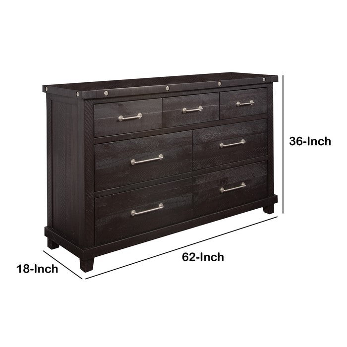 Wooden Dresser with 7 Drawers and Chamfered Legs, Dark Brown