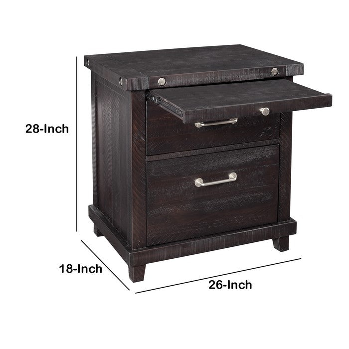 Wooden Nightstand with 2 Drawer Storage and Pull Out Tray, Dark Brown