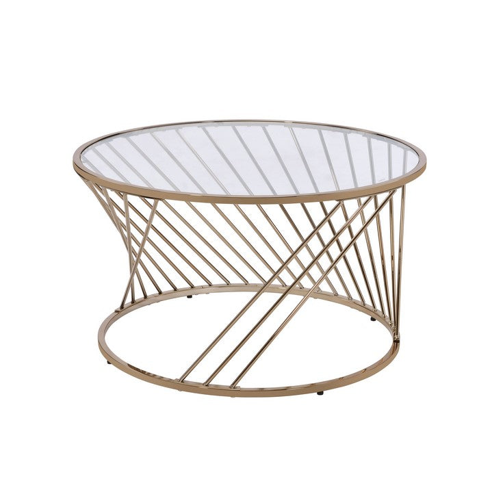 Contemporary Coffee Table with Twisted Metal Base and Round Glass Top, Gold