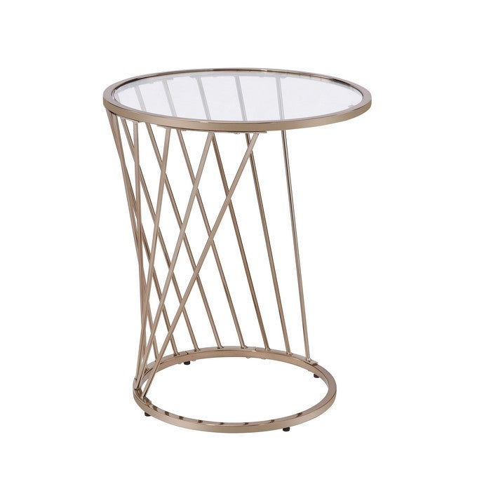 Contemporary End Table with Twisted Metal Base and Round Glass Top, Gold