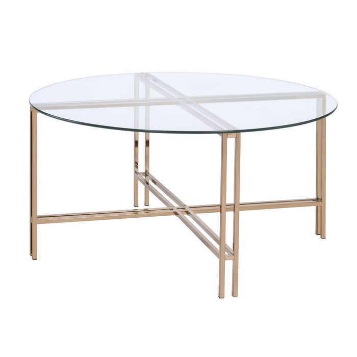 Coffee Table with X Shaped Metal Base and Round Glass Top, Gold