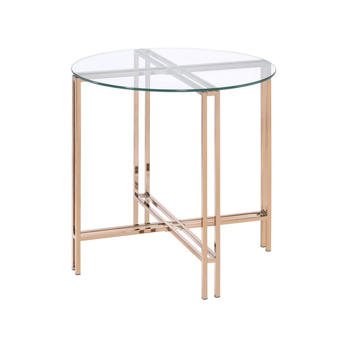 End Table with X Shaped Metal Base and Round Glass Top, Gold
