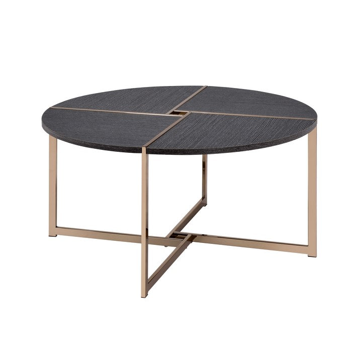 Coffee Table with X Shaped Metal Base and Round Wooden Top, Gold and Gray
