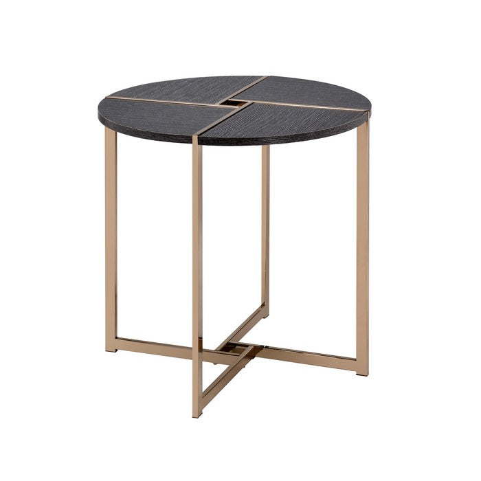 End Table with X Shaped Metal Base and Round Wooden Top, Gold and Gray