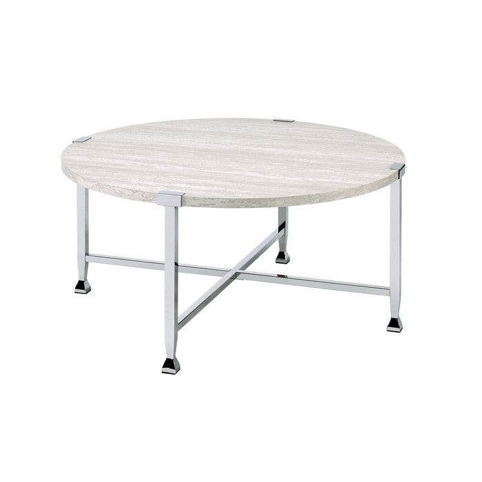 Coffee Table with X Shaped Metal Base and Round Wooden Top,Silver and Beige