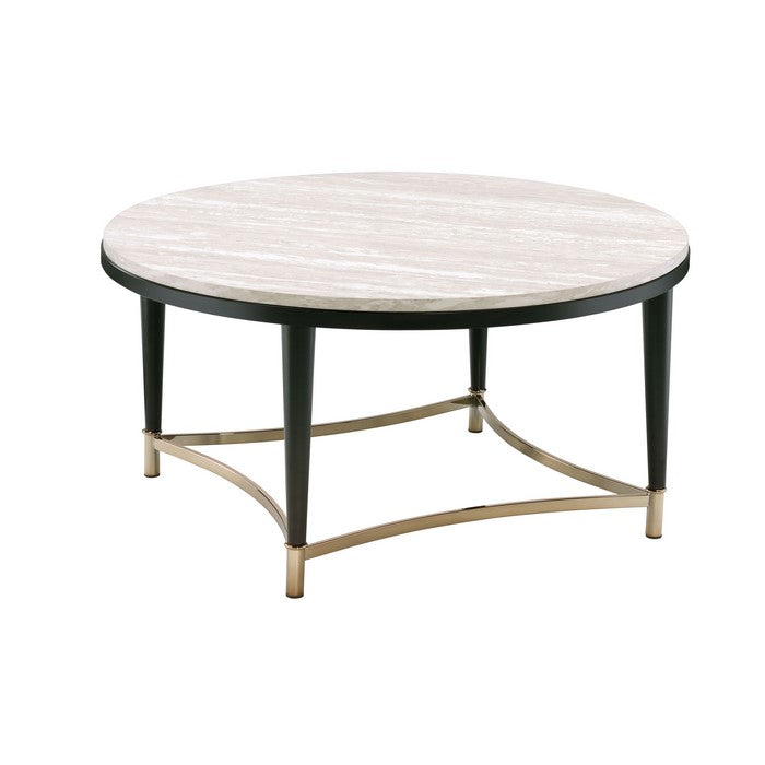 Circular Tabletop Coffee Table with Metal Apron Trims, Black and Brown