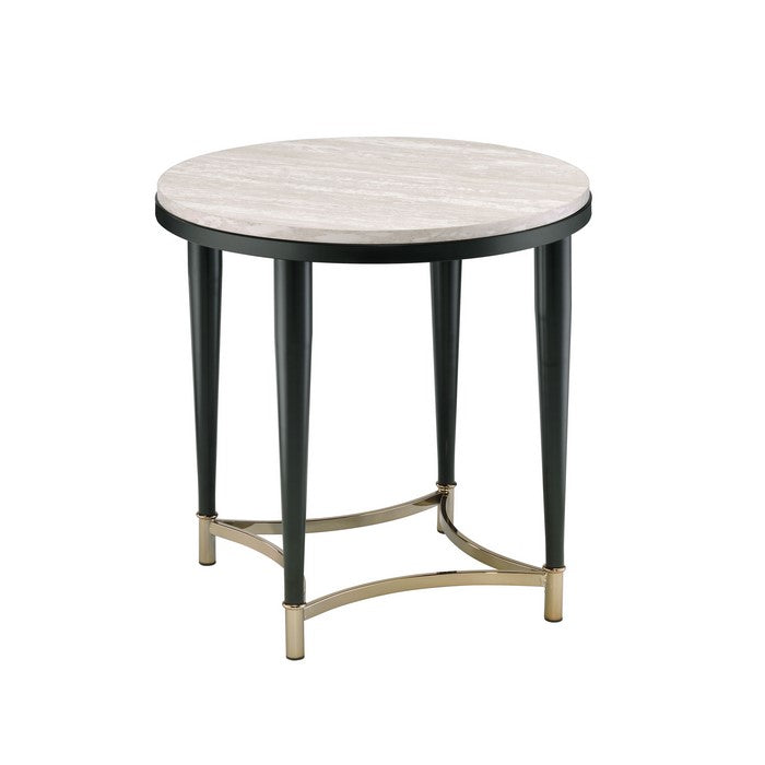 Circular Tabletop End Table with Metal Apron Trims, Black and Brown