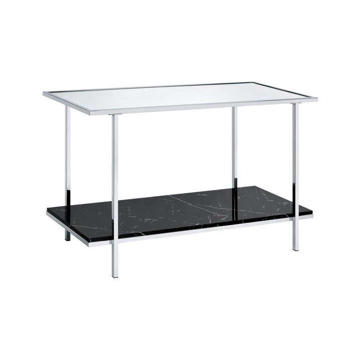Console Table with Mirror Top and Faux Marble Open Bottom Shelf, Silver