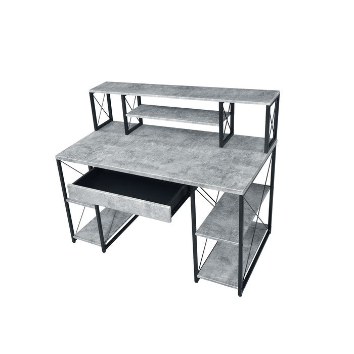 Metal Desk with 4 Open Bottom Shelves and Bookcase Hutch, Gray and Black