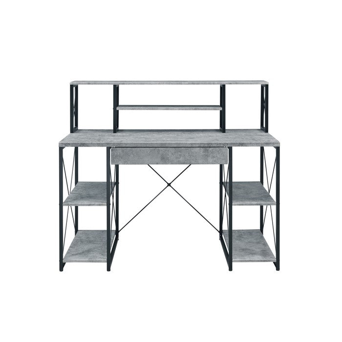 Metal Desk with 4 Open Bottom Shelves and Bookcase Hutch, Gray and Black