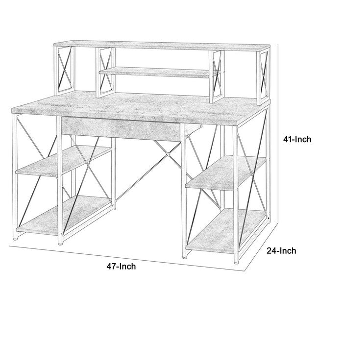 Metal Desk with 4 Open Bottom Shelves and Bookcase Hutch, Gray and Black