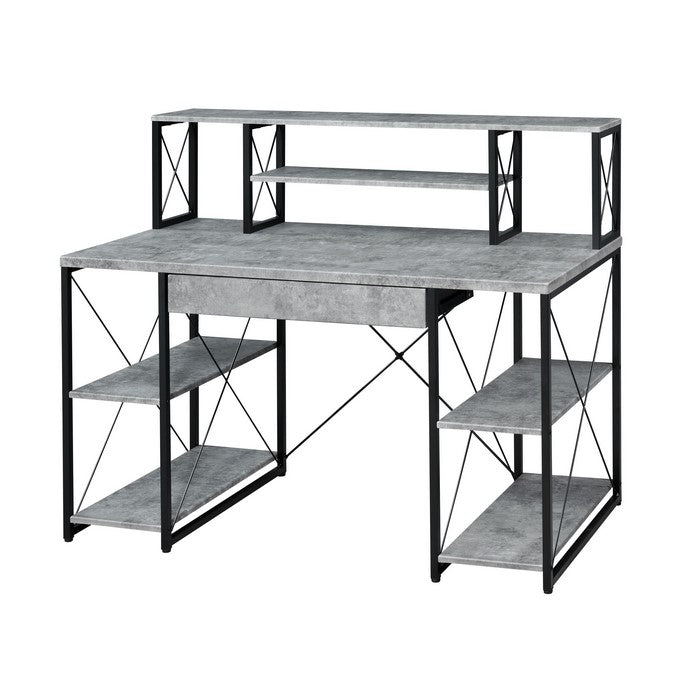 Metal Desk with 4 Open Bottom Shelves and Bookcase Hutch, Gray and Black