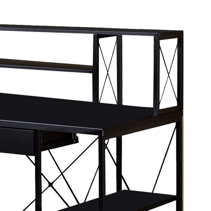 Industrial Style Desk with 4 Open Selves and Bookcase Hutch, Black