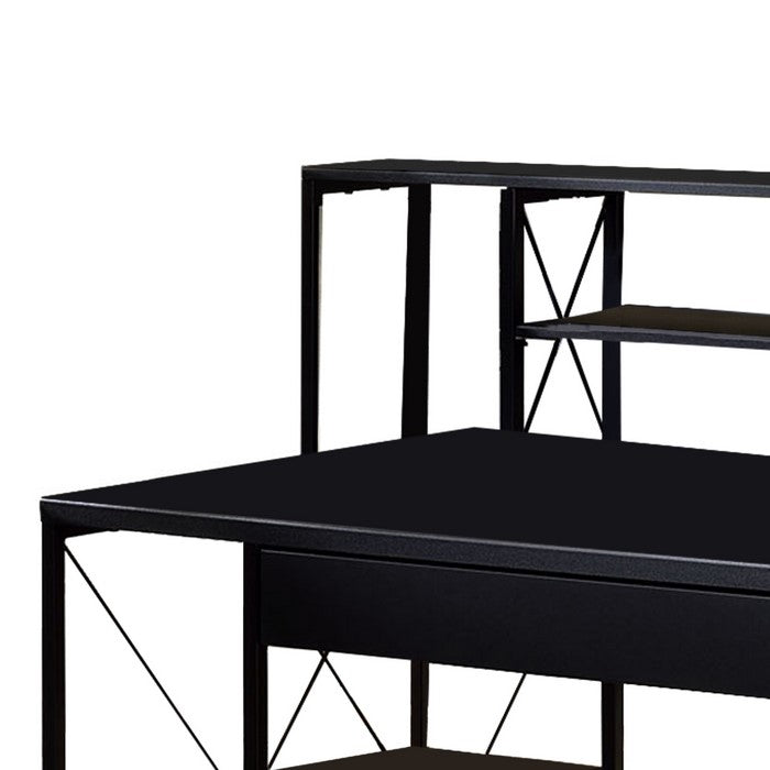 Industrial Style Desk with 4 Open Selves and Bookcase Hutch, Black