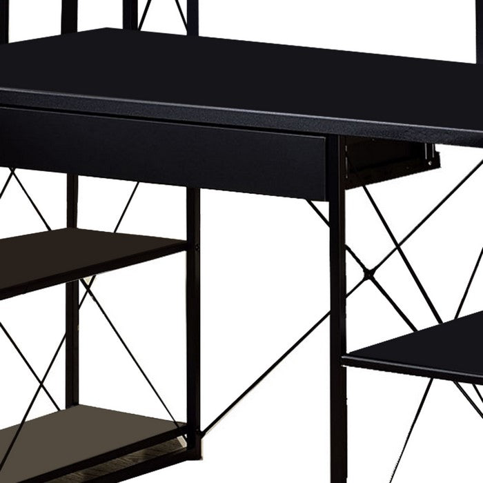 Industrial Style Desk with 4 Open Selves and Bookcase Hutch, Black