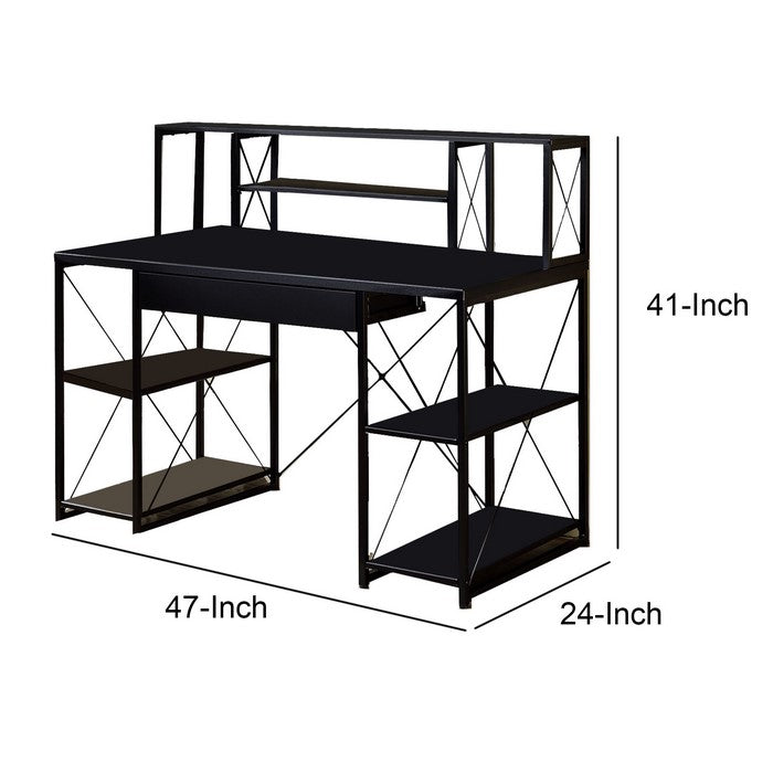 Industrial Style Desk with 4 Open Selves and Bookcase Hutch, Black