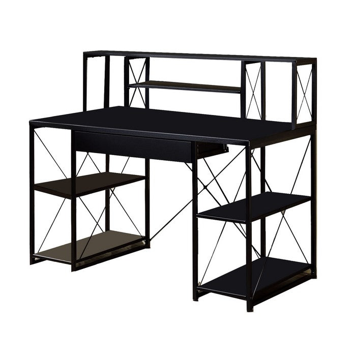 Industrial Style Desk with 4 Open Selves and Bookcase Hutch, Black