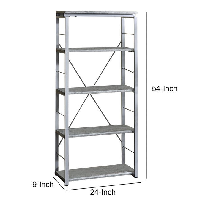 Industrial Bookshelf with 4 Shelves and Open Metal Frame, Silver and Gray