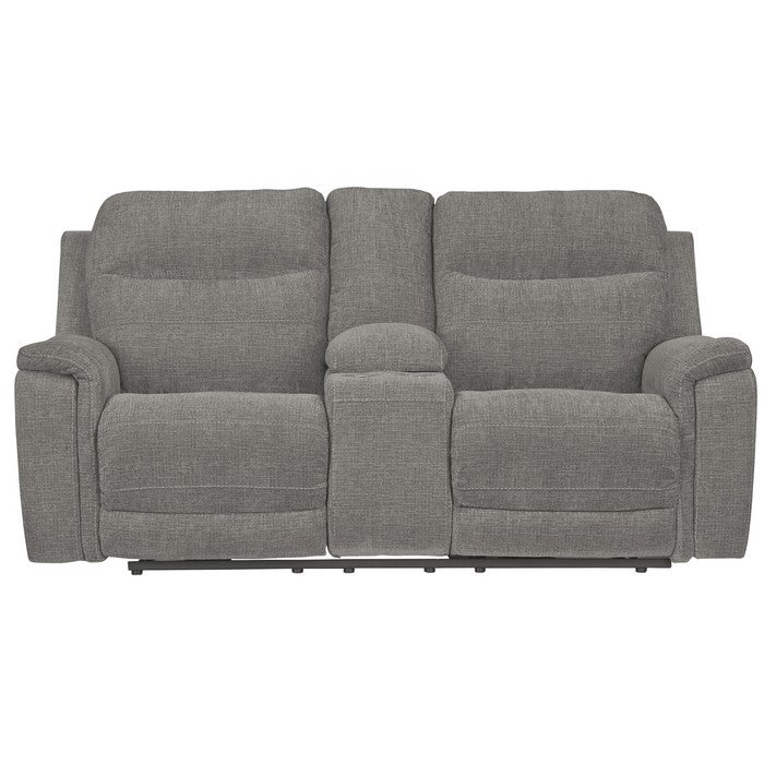 Fabric Upholstered Power Recliner Loveseat with Adjustable Headrest, Gray