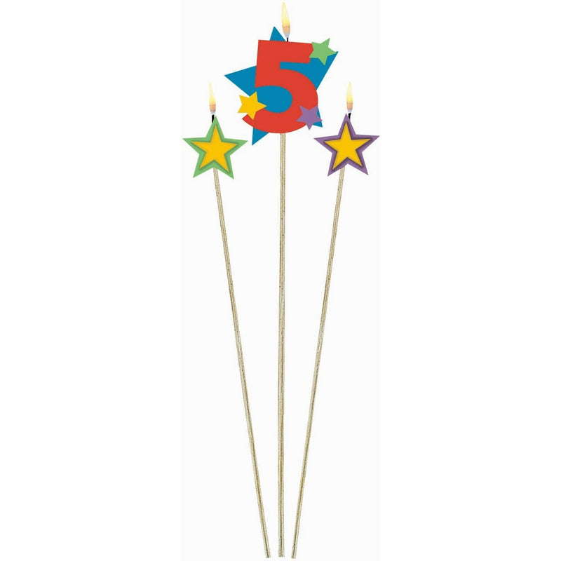 Amscan Party Time Stars and Number 5 Celebration Candle on a Stick, Pack of 3, Multi, 7" Wax