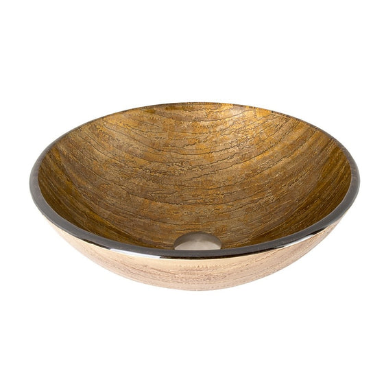 VIGO Handmade Amber Sunset Golden Woodgrain 16" Diameter Round Tempered Glass Vessel Vanity Bathroom Sink. Above Counter Install. Non-Porous, Scratch/Stain Resistant Surface