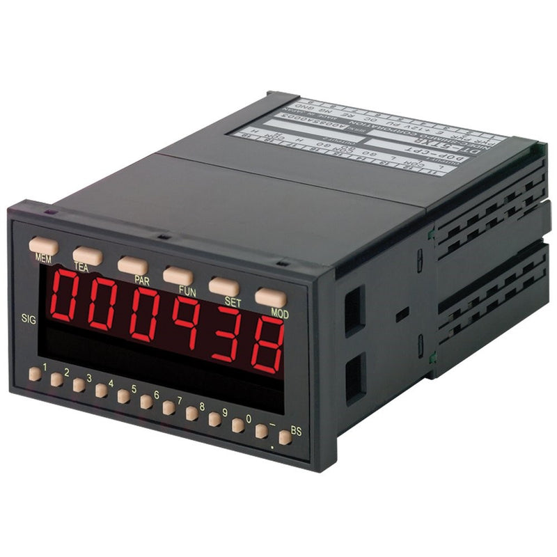 Shimpo DT-5TXR Digital Panel Mount Tachometer, 85 - 264 VAC Power Supply, 6 Digit 0.59" LED Display, /-0.008% /-1 Digit Accuracy, 5-17/64" Length x 3.78" Width x 1.89" Height