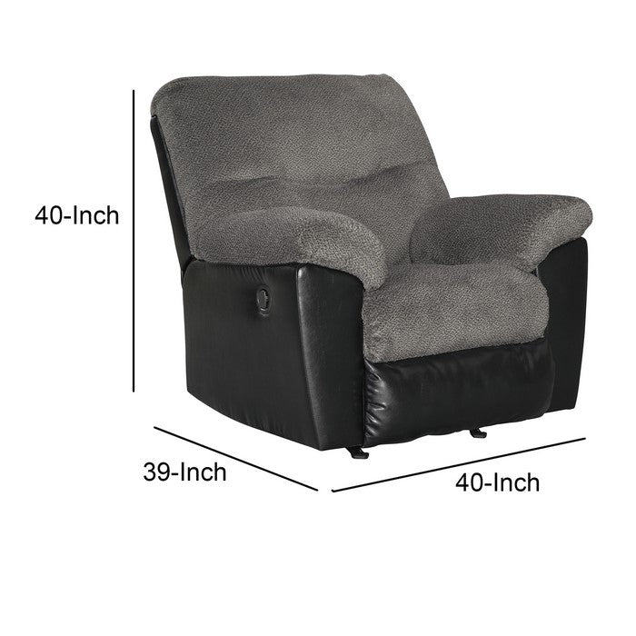 Leatherette Rocker Recliner with Fabric Seating, Gray and Black