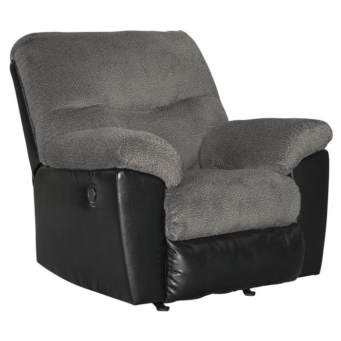 Leatherette Rocker Recliner with Fabric Seating, Gray and Black