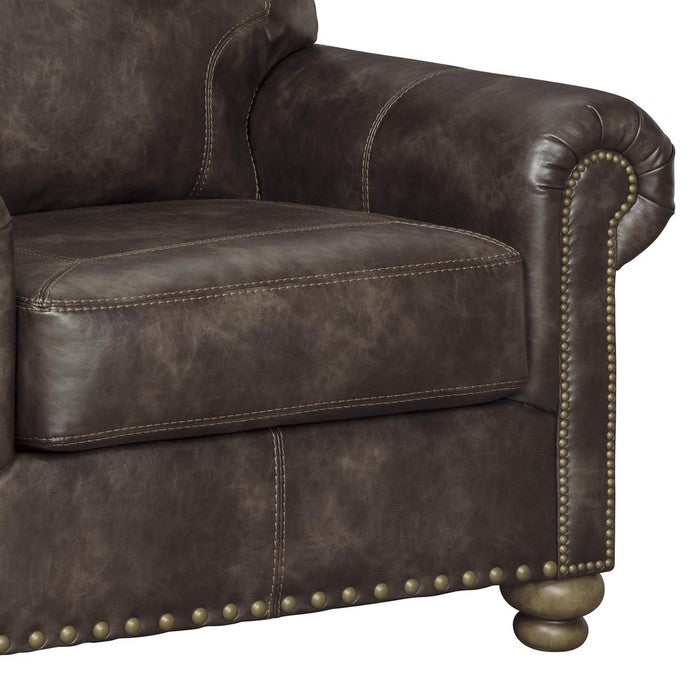 Faux Leather Upholstered Chair with Nailhead Trim and Rolled Armrest, Brown