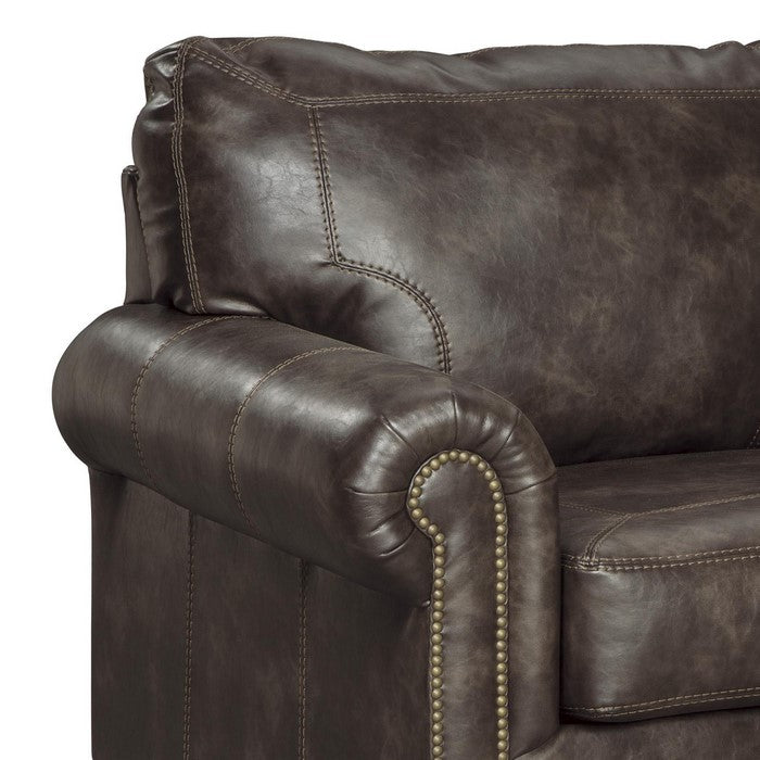 Faux Leather Upholstered Chair with Nailhead Trim and Rolled Armrest, Brown