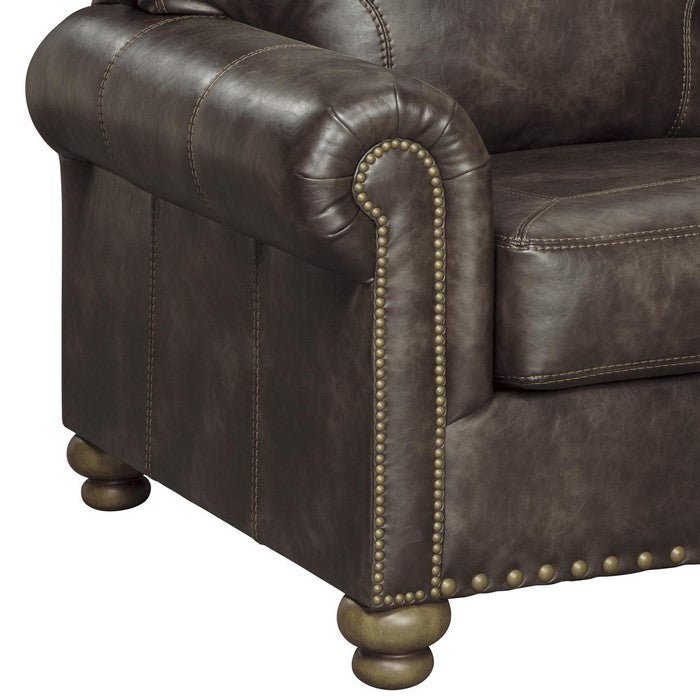 Faux Leather Upholstered Chair with Nailhead Trim and Rolled Armrest, Brown