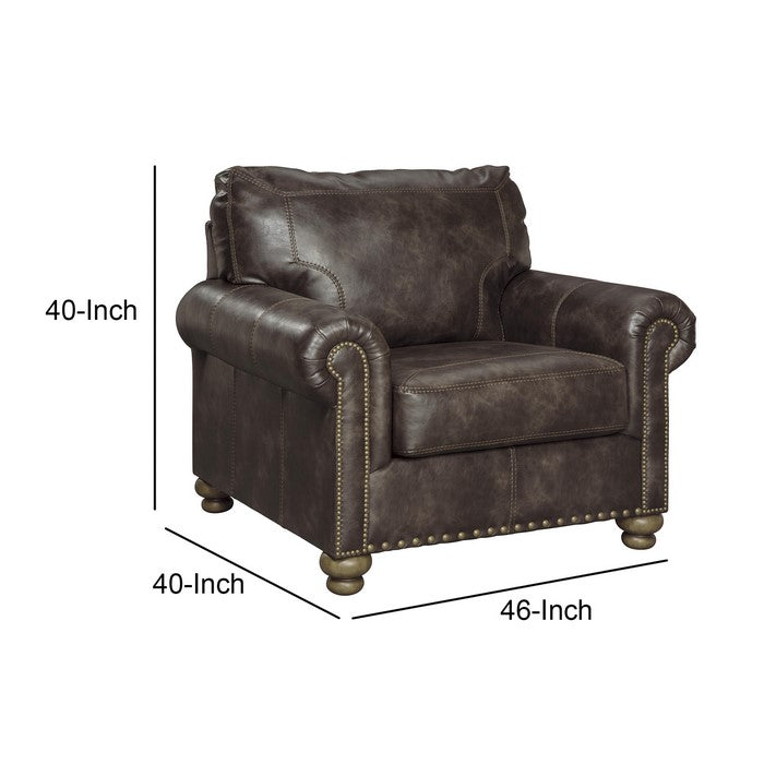 Faux Leather Upholstered Chair with Nailhead Trim and Rolled Armrest, Brown
