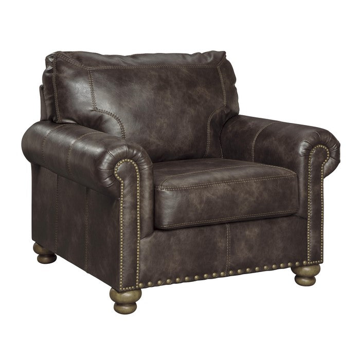 Faux Leather Upholstered Chair with Nailhead Trim and Rolled Armrest, Brown