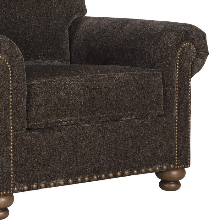 Fabric Upholstered Chair with Rolled Arms and Nailhead Trim, Dark Brown