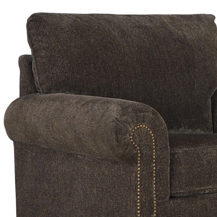Fabric Upholstered Chair with Rolled Arms and Nailhead Trim, Dark Brown