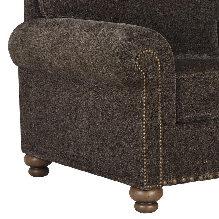 Fabric Upholstered Chair with Rolled Arms and Nailhead Trim, Dark Brown