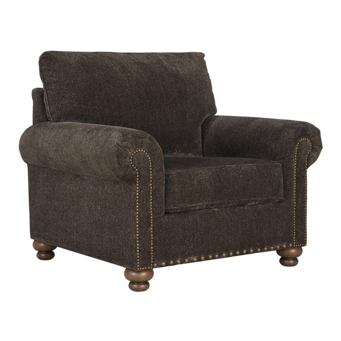 Fabric Upholstered Chair with Rolled Arms and Nailhead Trim, Dark Brown