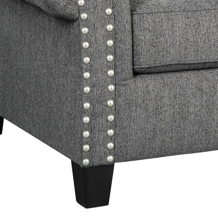 Fabric Upholstered Chair with Rolled Armrest and Nailhead Trim, Gray