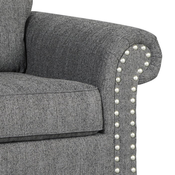 Fabric Upholstered Chair with Rolled Armrest and Nailhead Trim, Gray