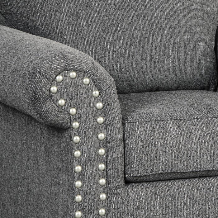 Fabric Upholstered Chair with Rolled Armrest and Nailhead Trim, Gray