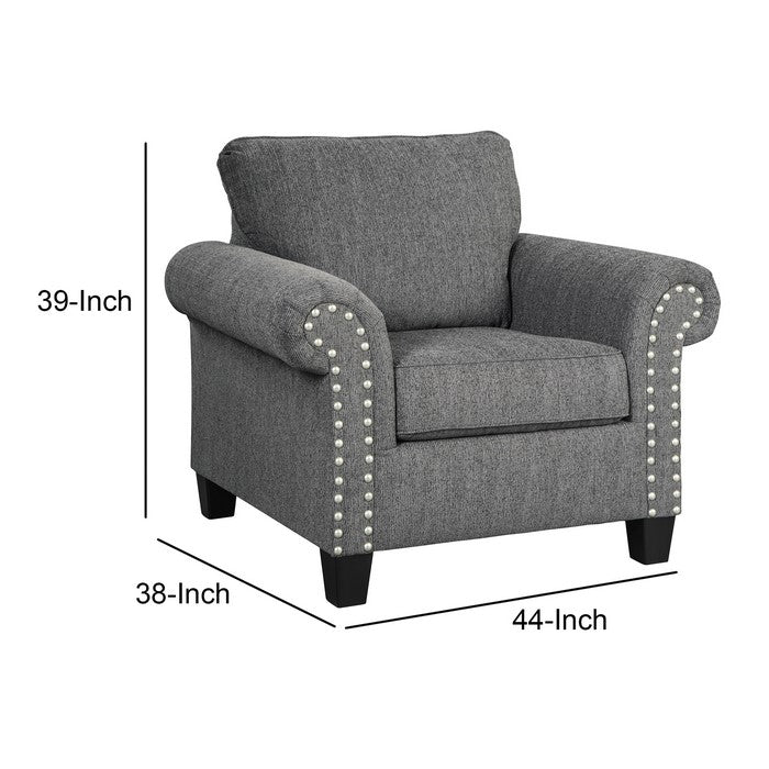 Fabric Upholstered Chair with Rolled Armrest and Nailhead Trim, Gray