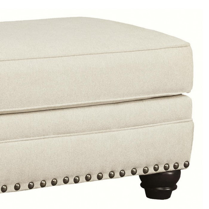 Wooden Ottoman with Nailhead Trims and Bun Feet, White and Black