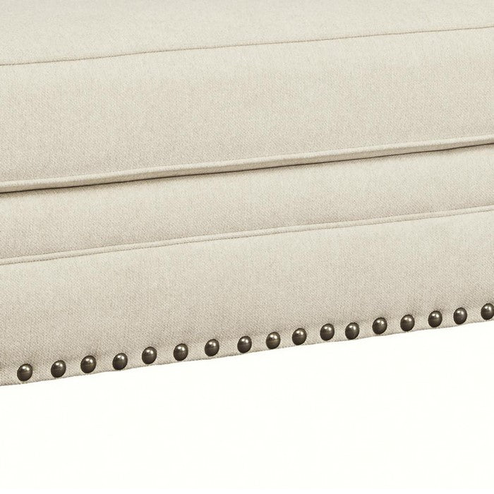 Wooden Ottoman with Nailhead Trims and Bun Feet, White and Black