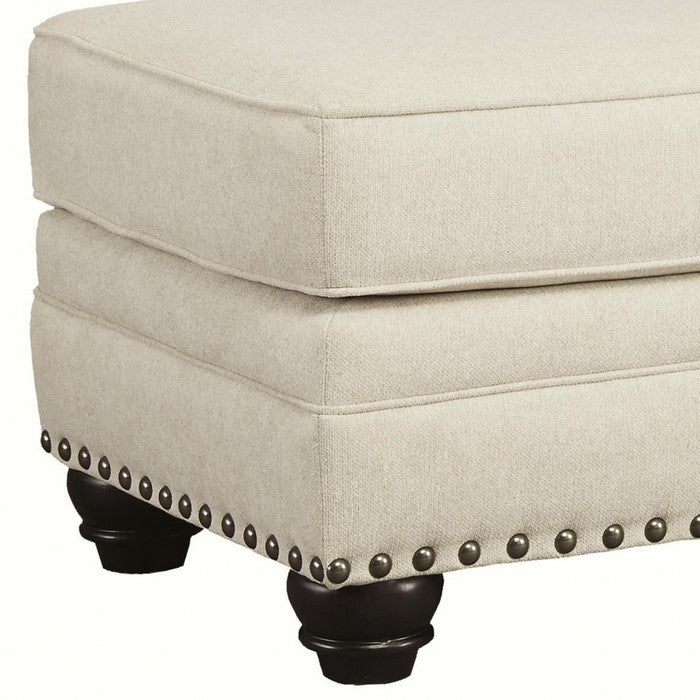 Wooden Ottoman with Nailhead Trims and Bun Feet, White and Black