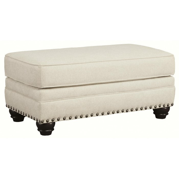 Wooden Ottoman with Nailhead Trims and Bun Feet, White and Black