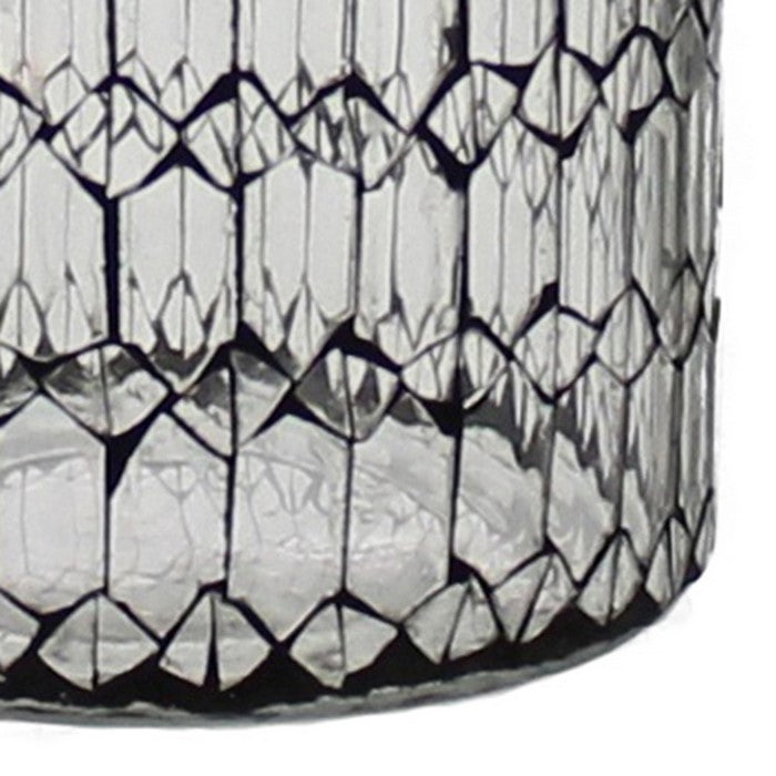 Hand Cut Glass Hurricane with Mosaic Pattern, Medium, Black and Clear