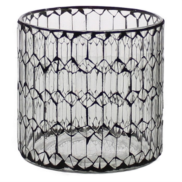 Hand Cut Glass Hurricane with Mosaic Pattern, Medium, Black and Clear