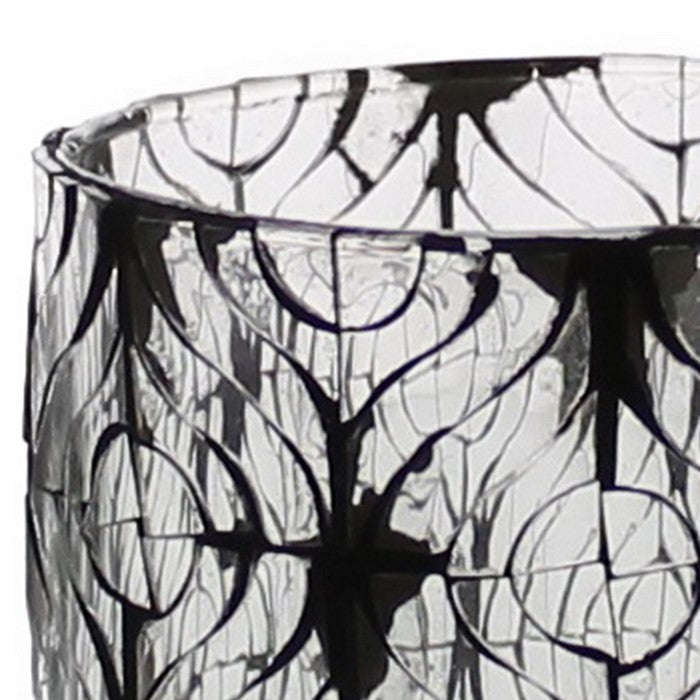 Hand Cut Glass Hurricane with Ikat Pattern, Medium, Black and Clear