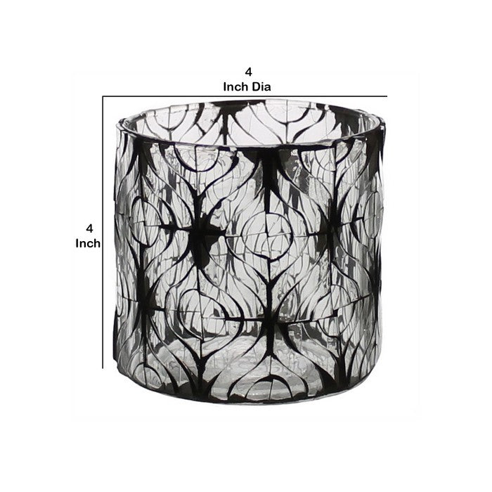 Hand Cut Glass Hurricane with Ikat Pattern, Medium, Black and Clear